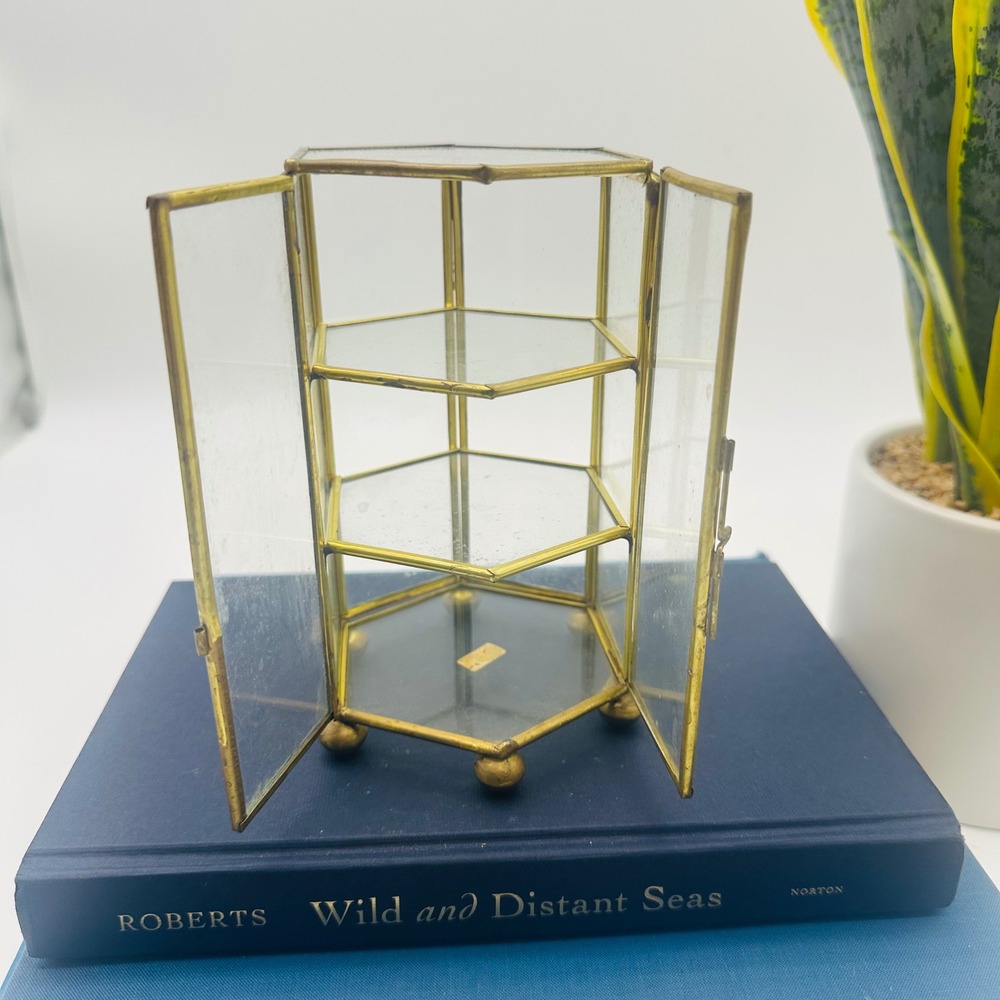 UCC Vintage Brass Glass Hexagon Curio Display Case 3-Tier Trinket Box